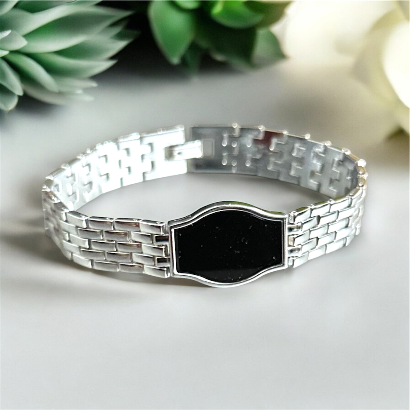 Premium Black Glass Bar Style Boys Chain Wristband Bracelet