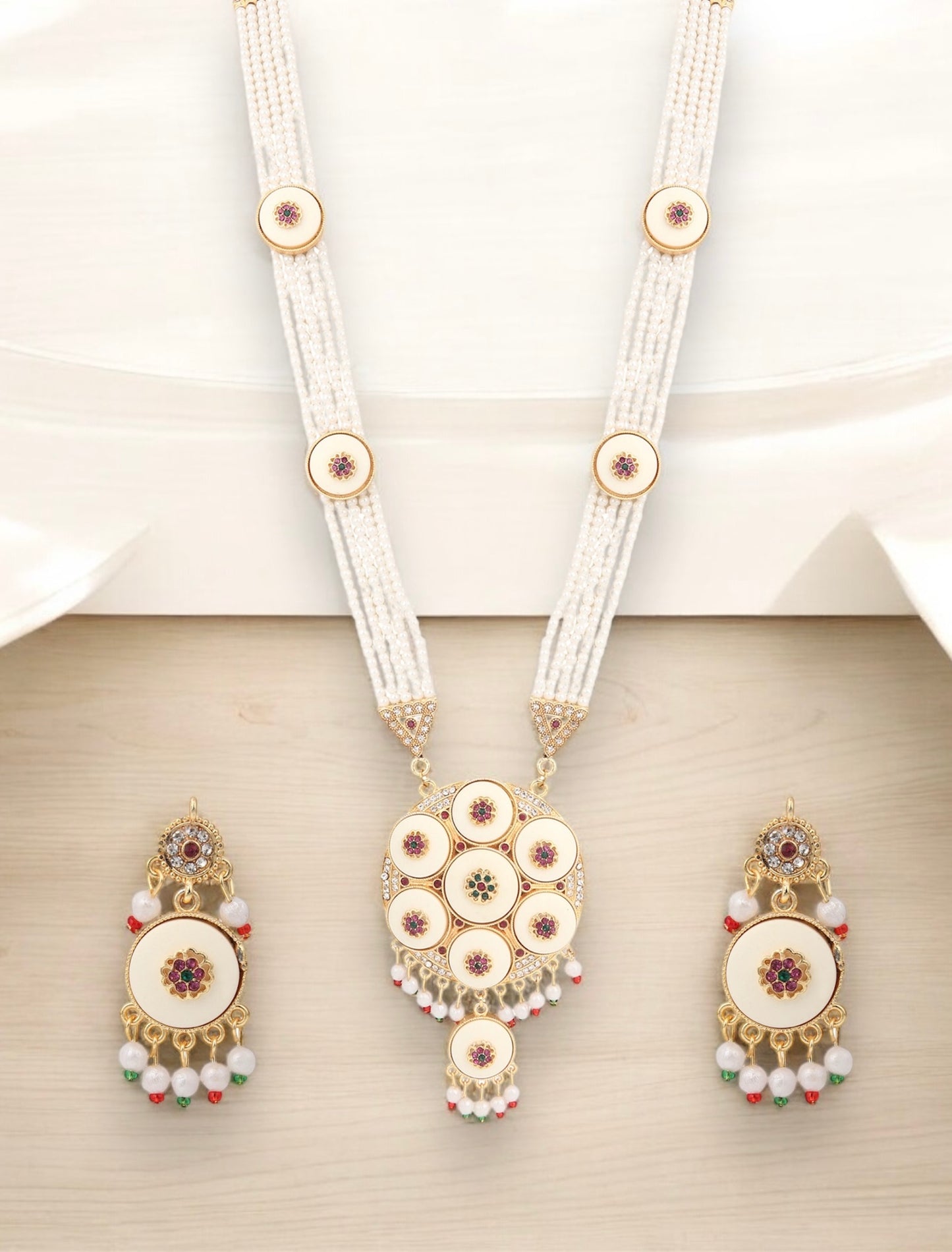 Royal Multi-Layer Pearl & Kundan Pendant Necklace Set with Matching Earrings - Perfect for Weddings & Festive Celebrations