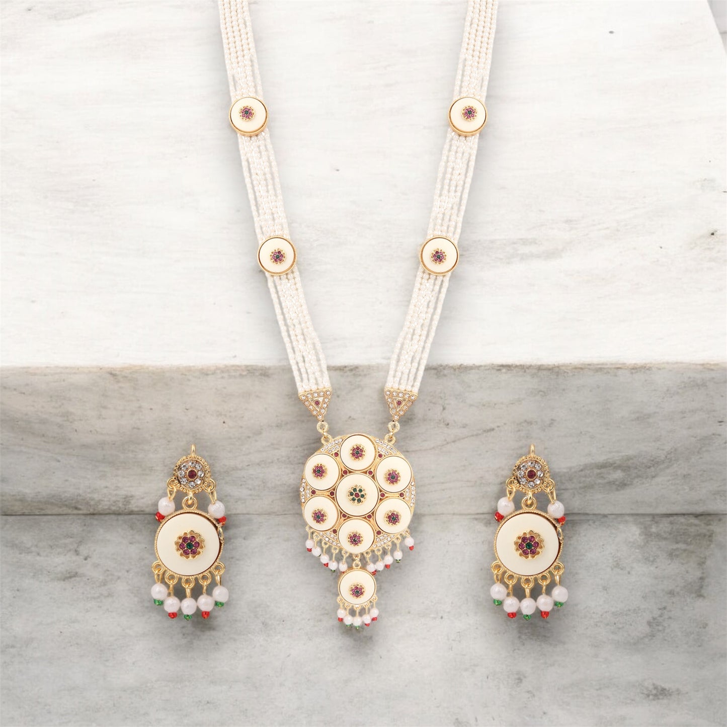 Royal Multi-Layer Pearl & Kundan Pendant Necklace Set with Matching Earrings - Perfect for Weddings & Festive Celebrations