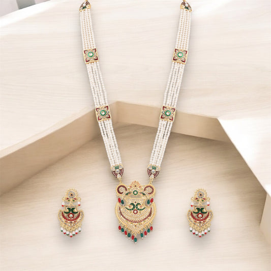 Premium Moti Stones Studded Long Raanihar Necklace Pendent Jewellery Set With Matching Earrings - Perfect for Weddings & Festive Celebrations