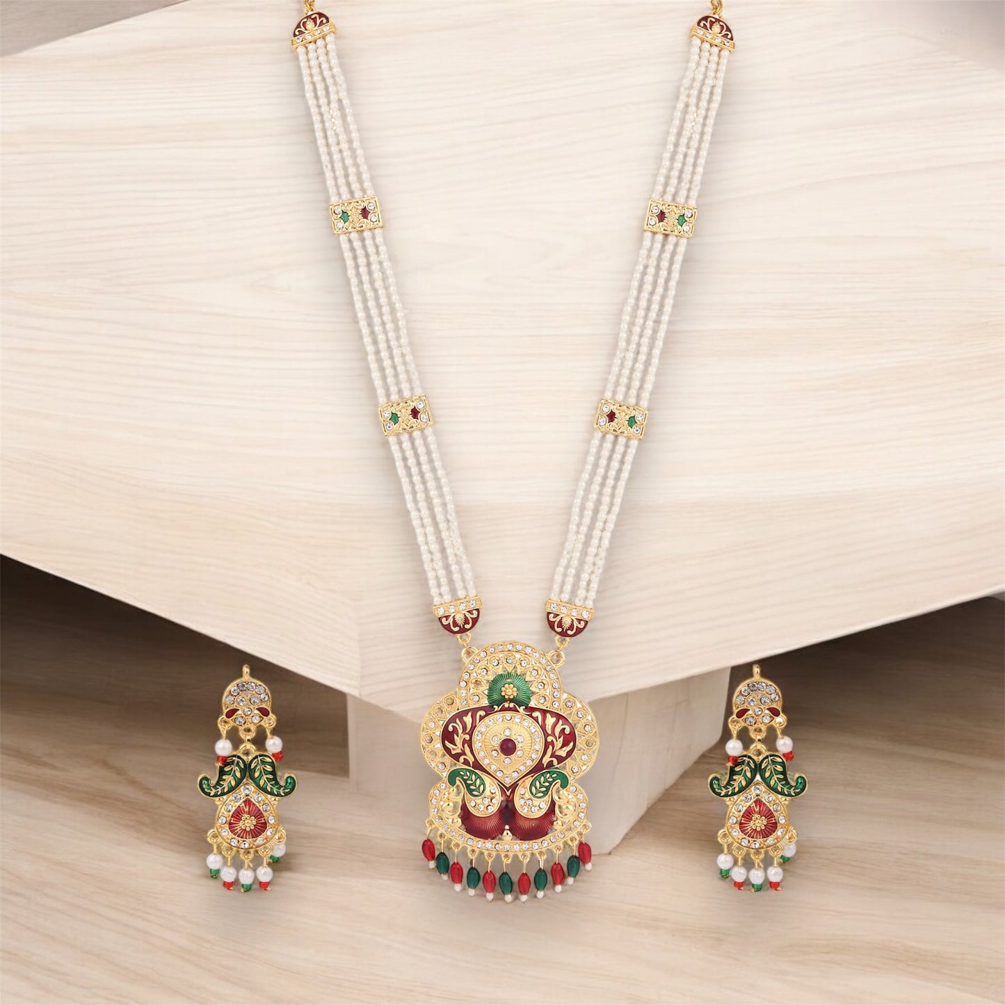 Designer Multi-Layer Pearl & Kundan Pendant Necklace Set with Matching Earrings - Perfect for Weddings & Festive Celebrations