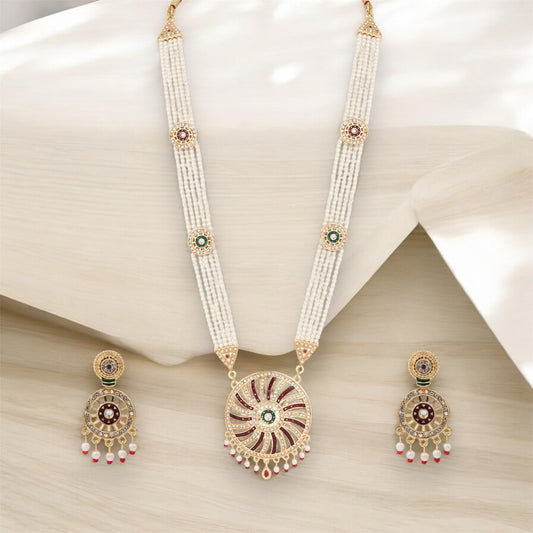 Designer Multi-Layer Pearl & Kundan Pendant Necklace Set with Matching Earrings - Perfect for Weddings & Festive Celebrations