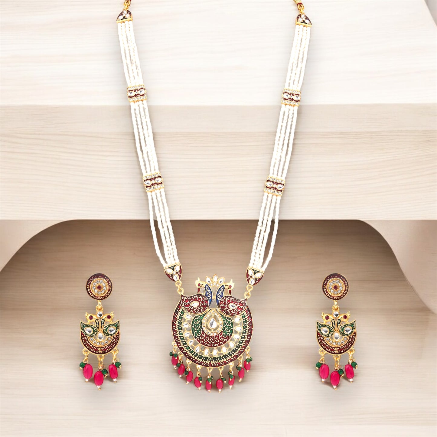 Designer Multi-Layer Pearl & Kundan Pendant Necklace Set with Matching Earrings - Perfect for Weddings & Festive Celebrations