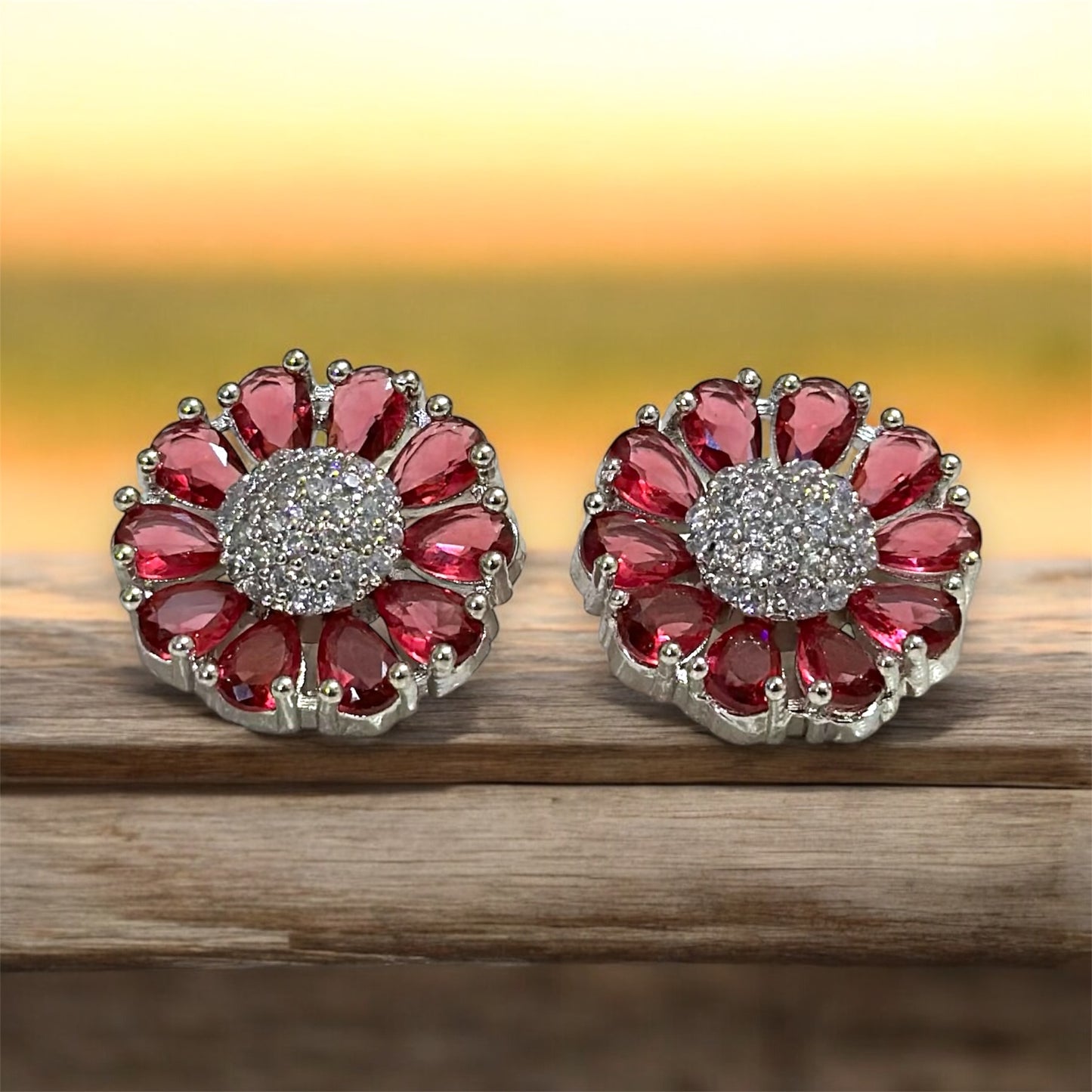 Premium Gemstone AD Flower Stud Earrings with Dazzling Crystal Center For Women and Girls