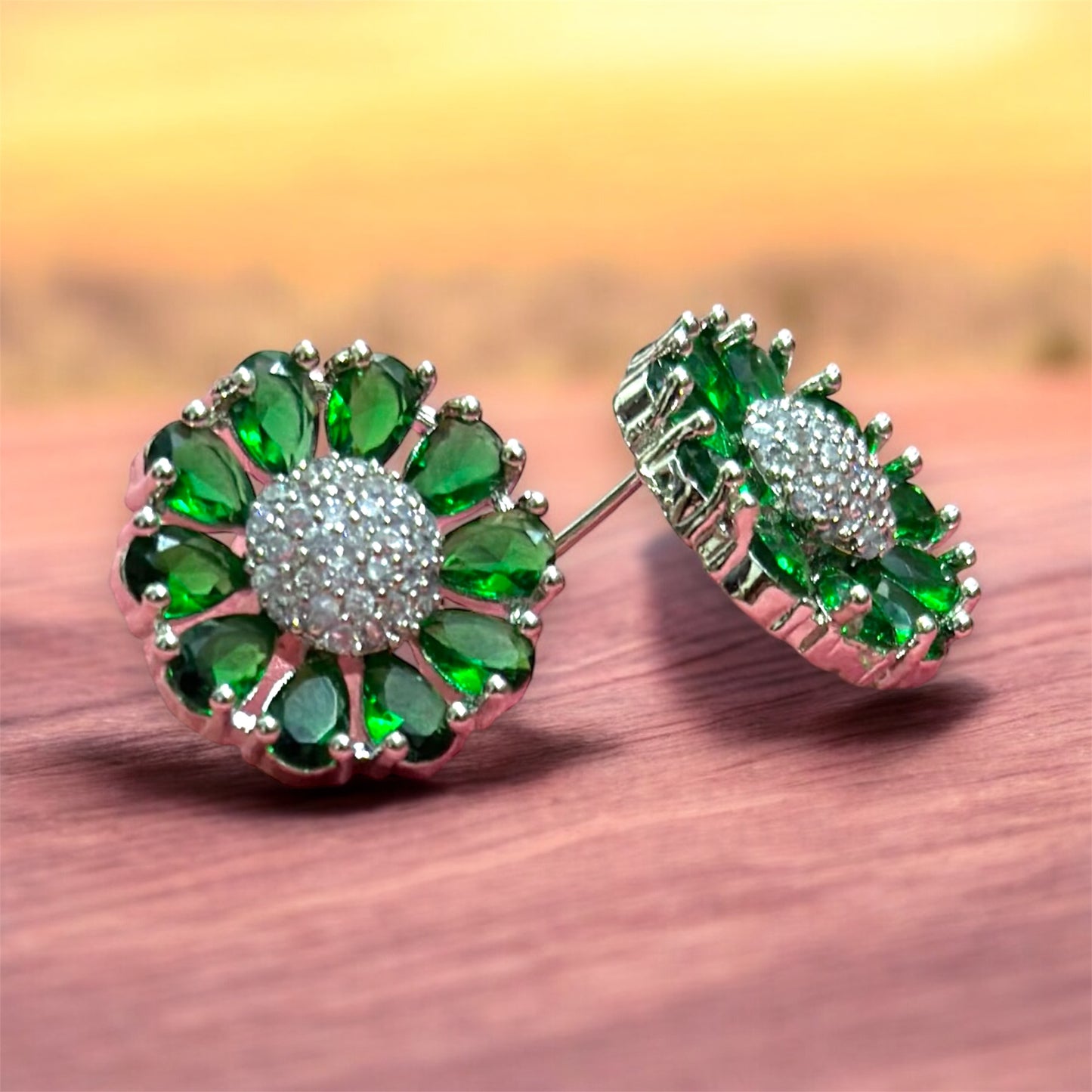 Premium Gemstone AD Flower Stud Earrings with Dazzling Crystal Center For Women and Girls