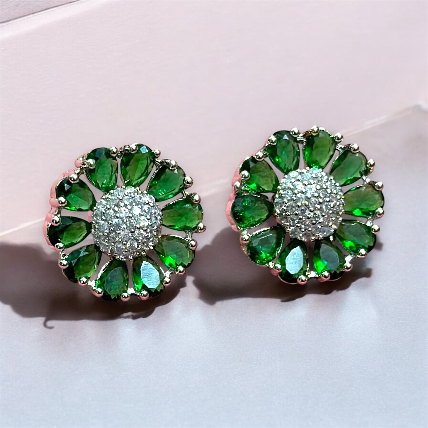 Premium Gemstone AD Flower Stud Earrings with Dazzling Crystal Center For Women and Girls