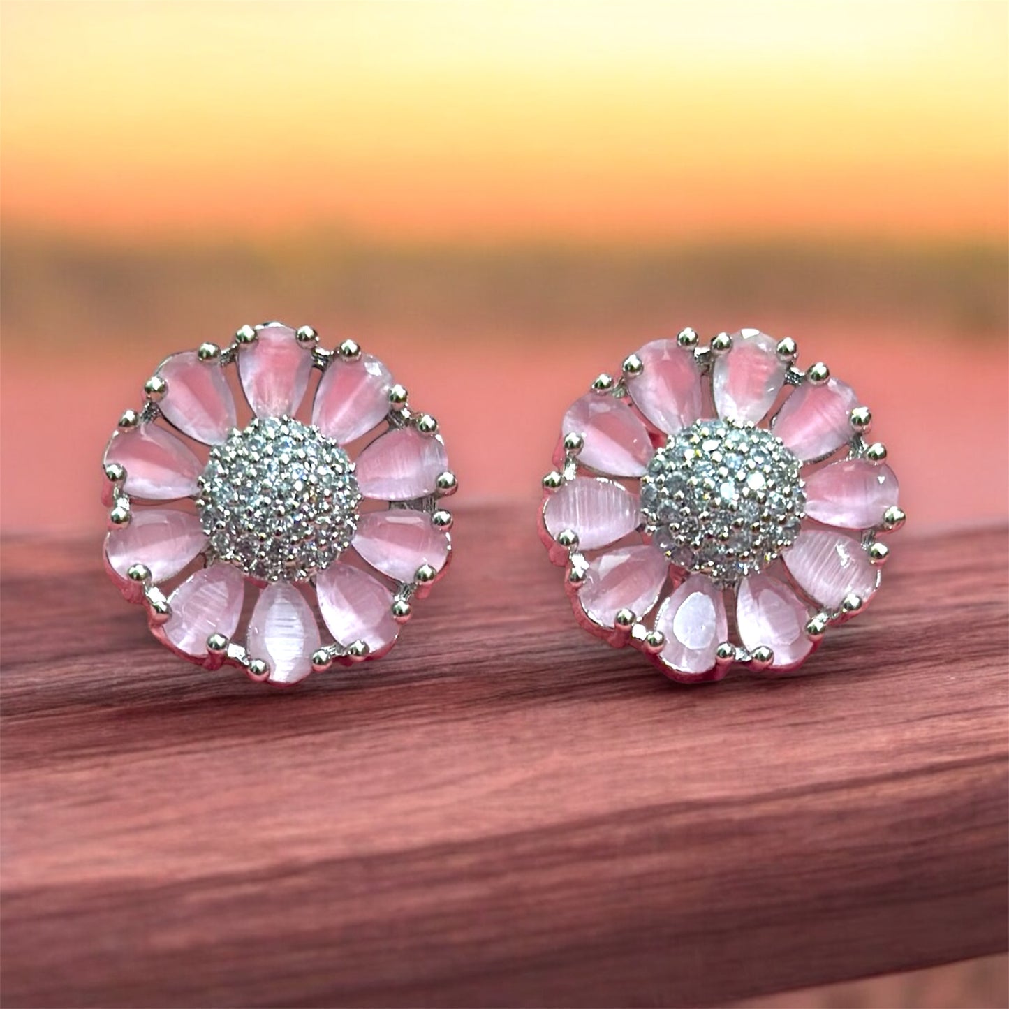 Premium Gemstone AD Flower Stud Earrings with Dazzling Crystal Center For Women and Girls