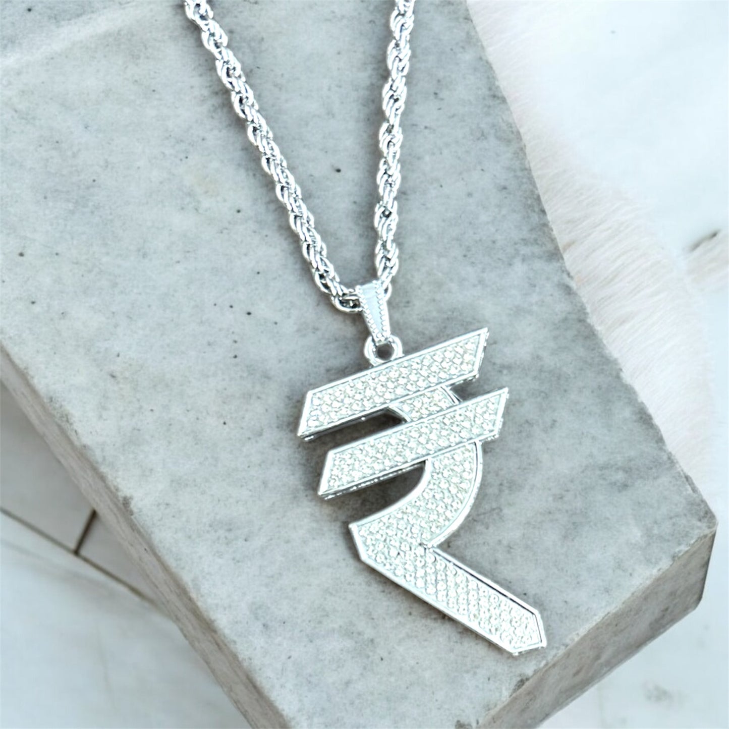 MC Stan Rapper Inspired Rupee Sign AD Stones Studded Short Necklace Chain for Boys and Men