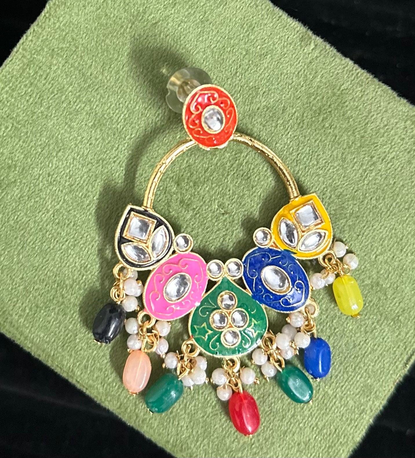 Premium Multicolored Meena Style Hand Painted Stones Studded Jhumka Push Plugs Earrings