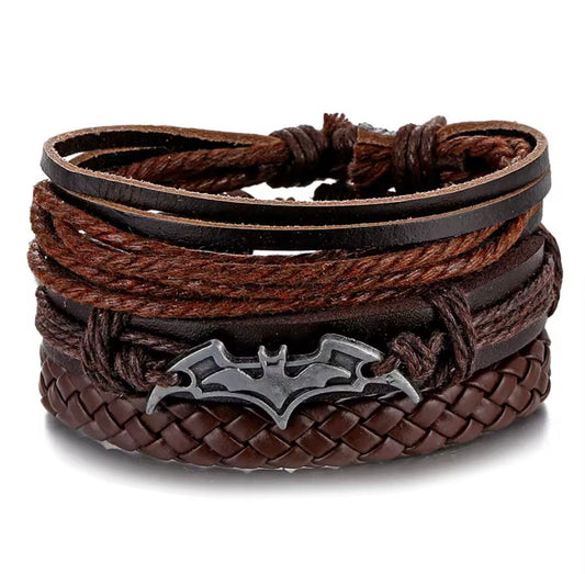 Vintage Multi-Layer Leather Bracelet with Bat Emblem – Brown Punk Wristband
