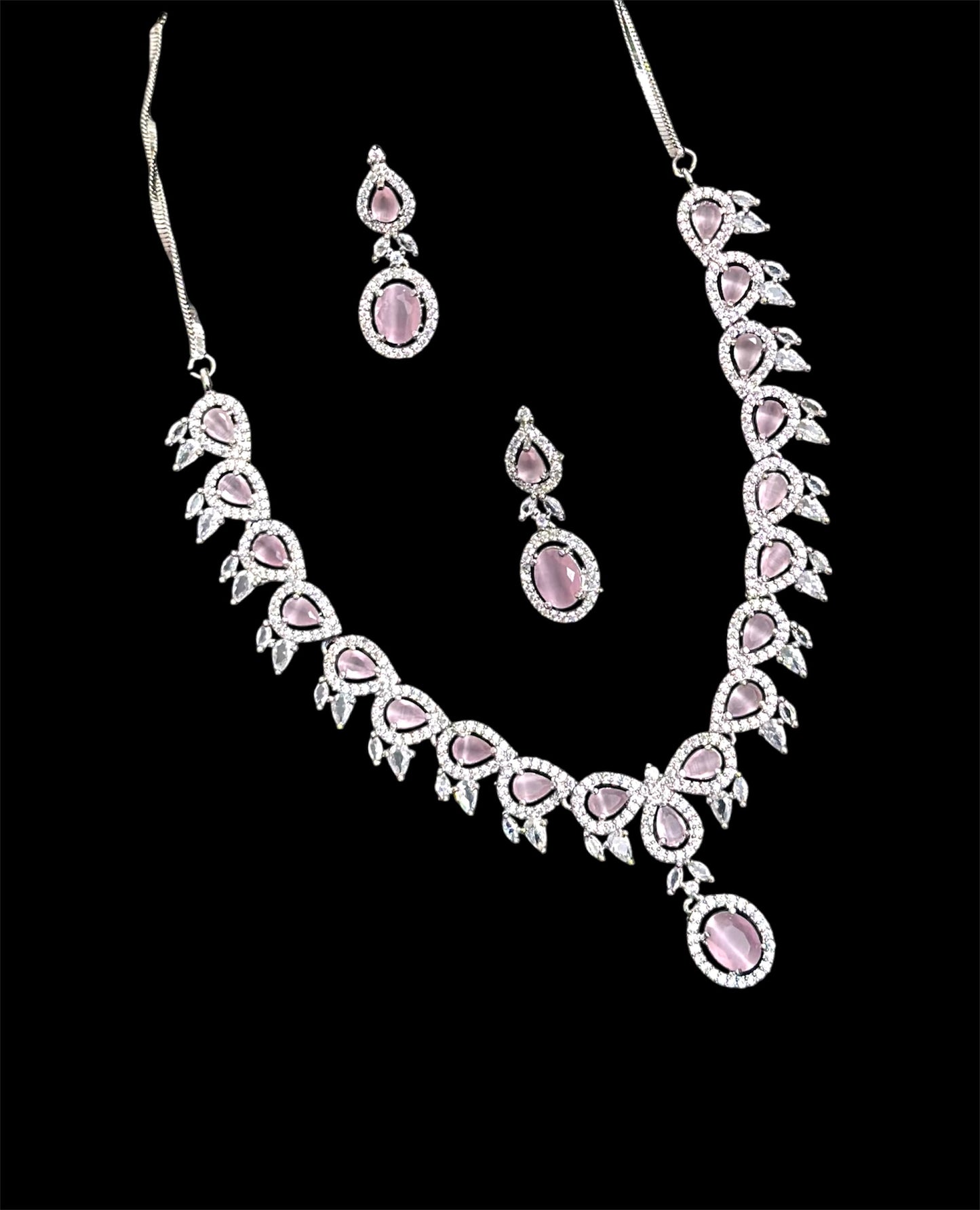 Premium CZ Stones Studded Colored AD Necklace Choker Set With Earrings