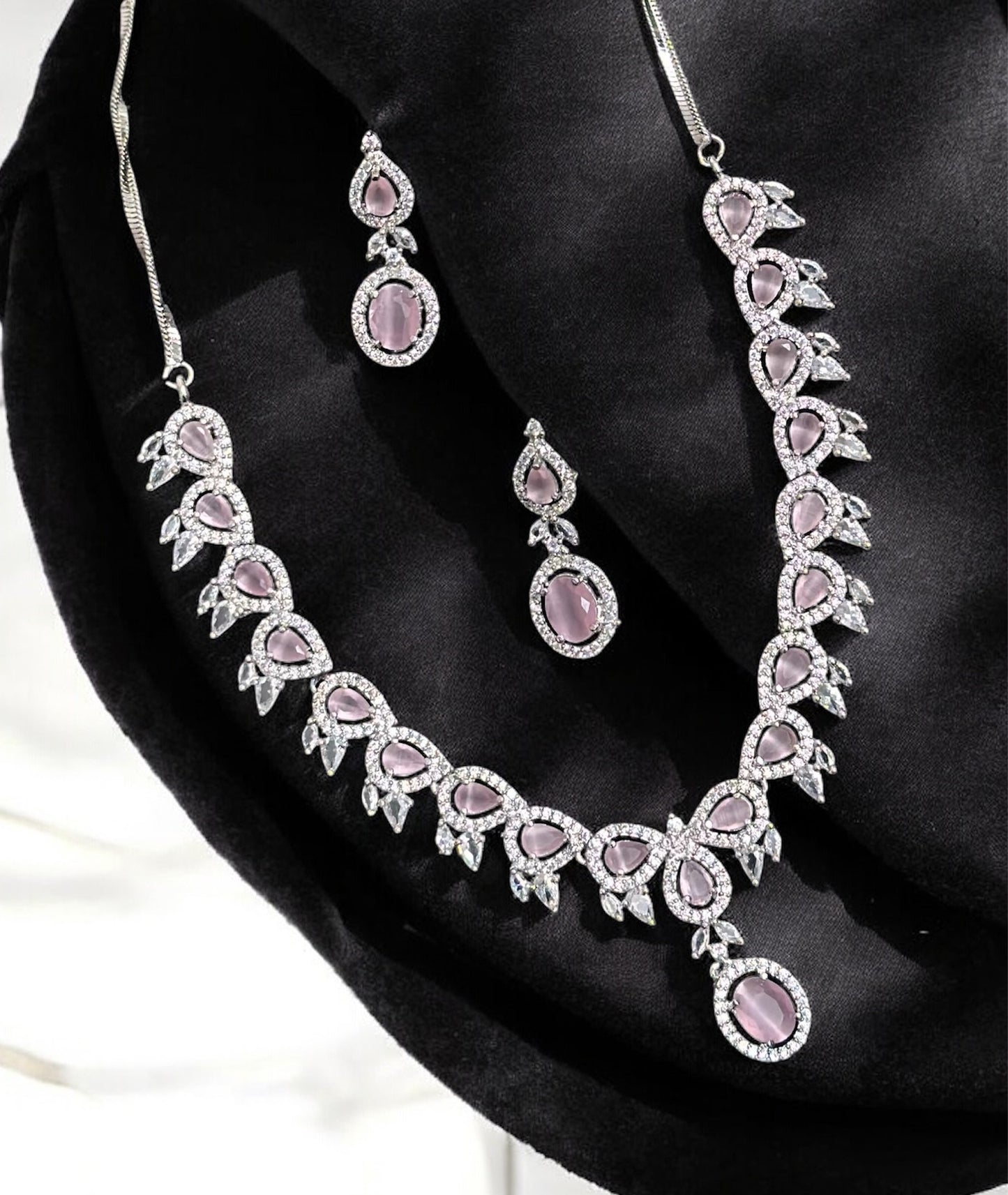 Premium CZ Stones Studded Colored AD Necklace Choker Set With Earrings