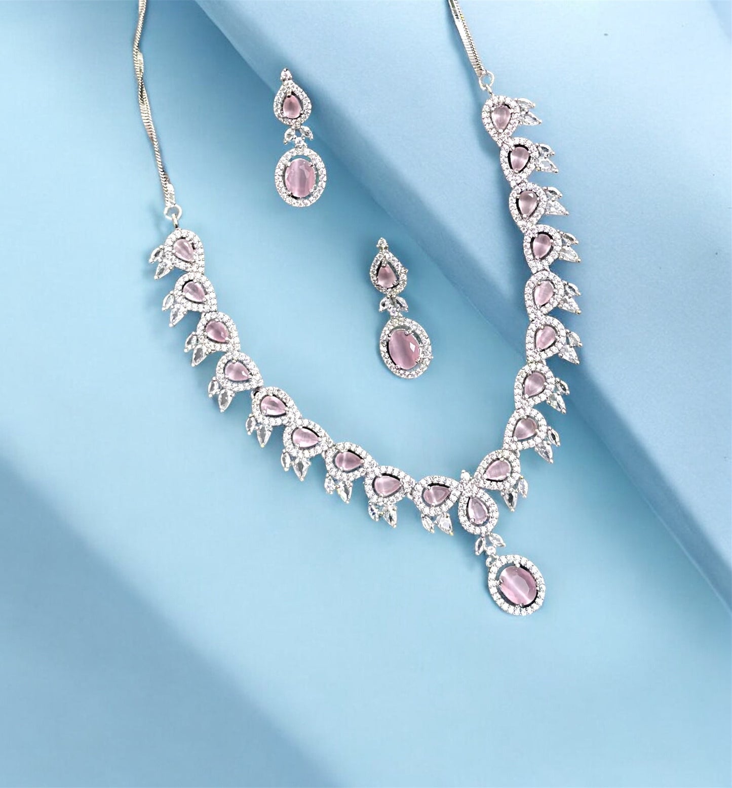 Premium CZ Stones Studded Colored AD Necklace Choker Set With Earrings