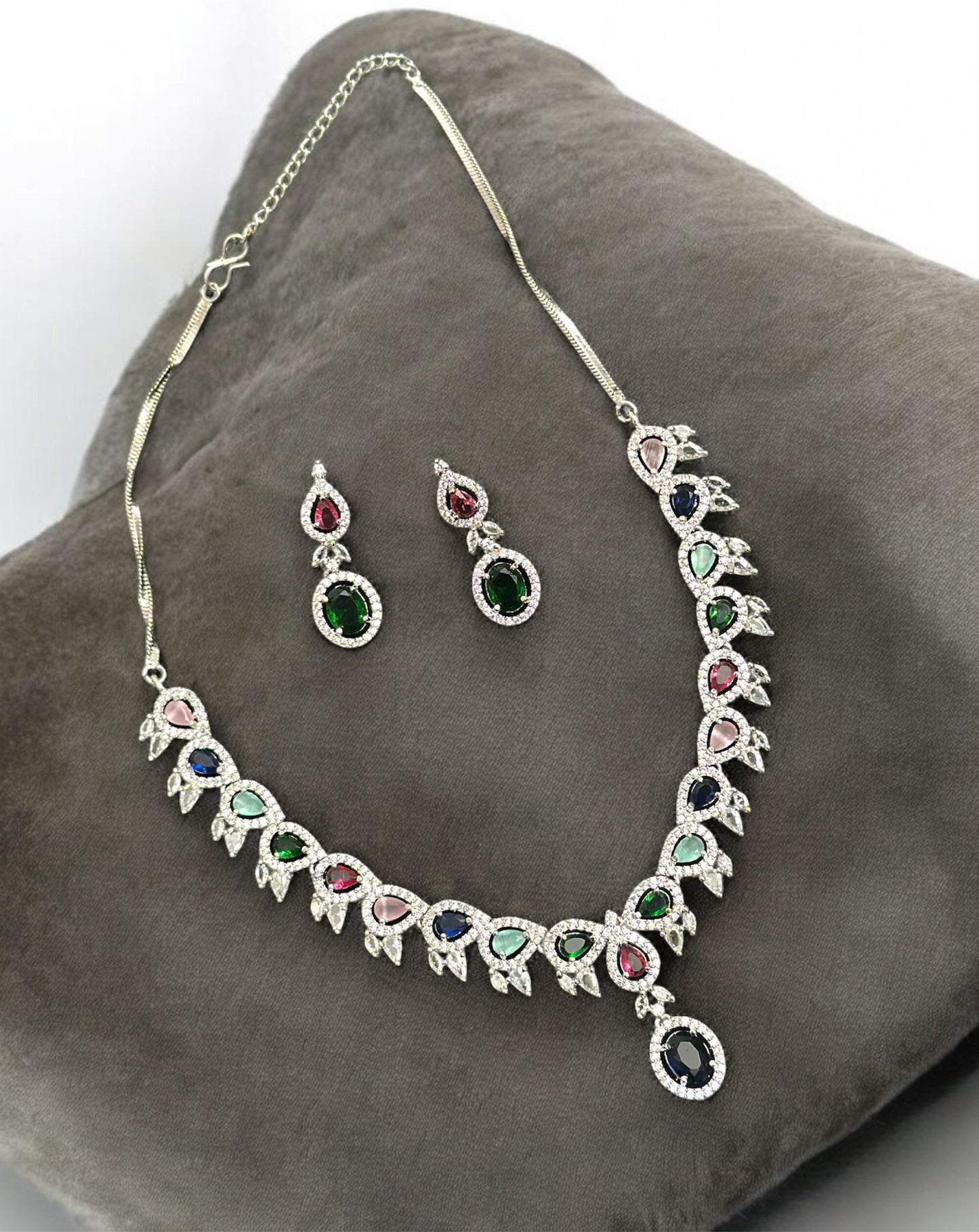 Premium CZ Stones Studded Colored AD Necklace Choker Set With Earrings