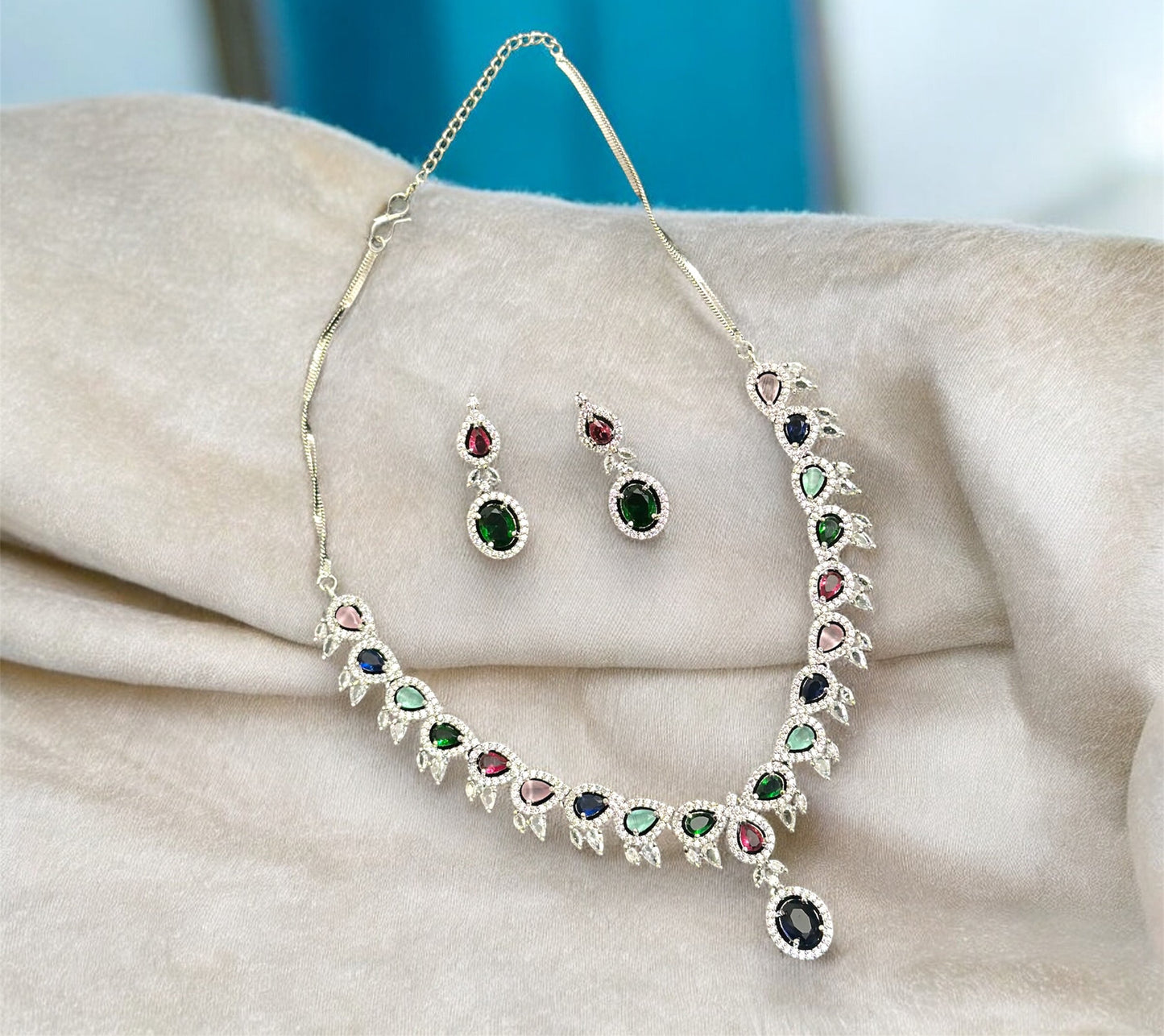 Premium CZ Stones Studded Colored AD Necklace Choker Set With Earrings