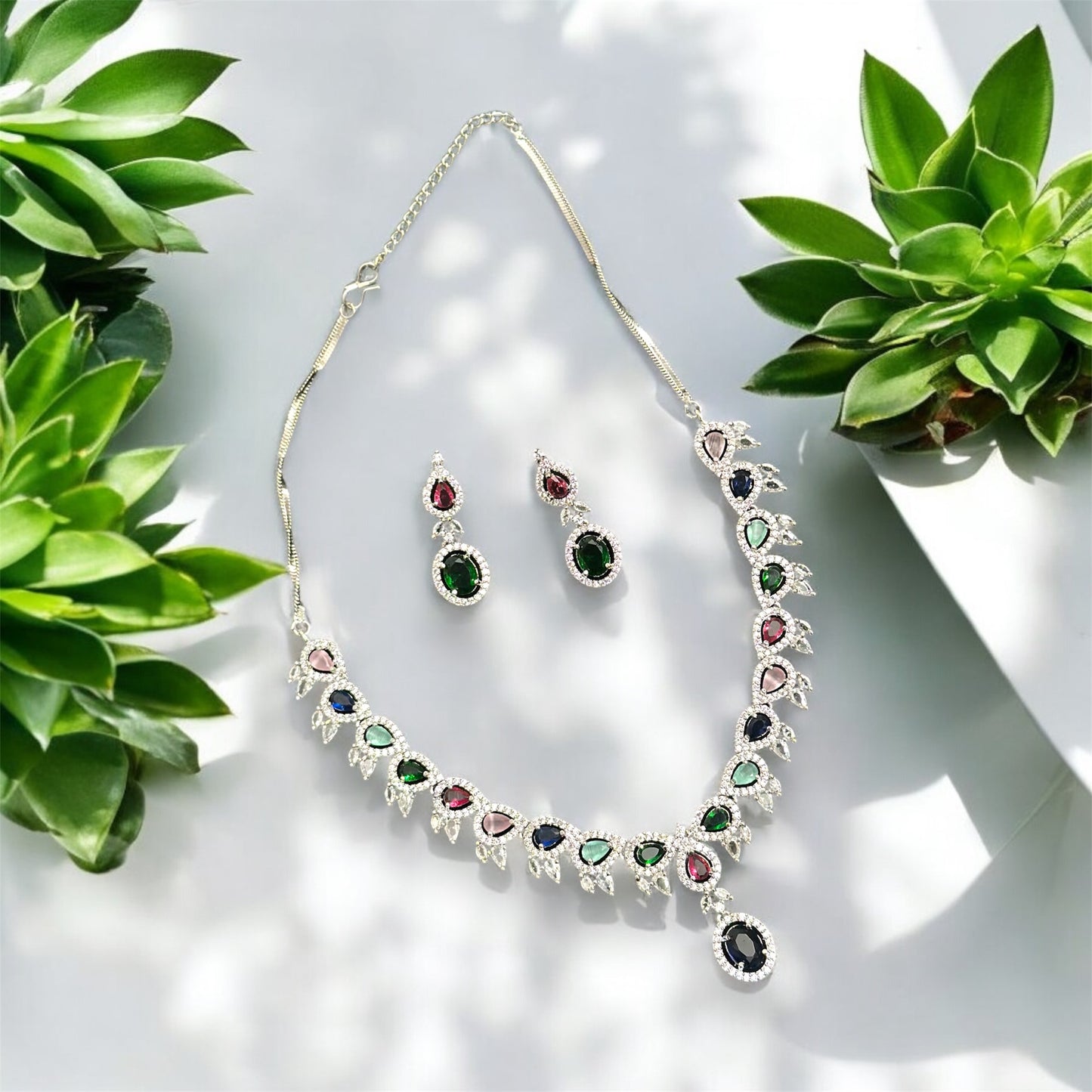 Premium CZ Stones Studded Colored AD Necklace Choker Set With Earrings