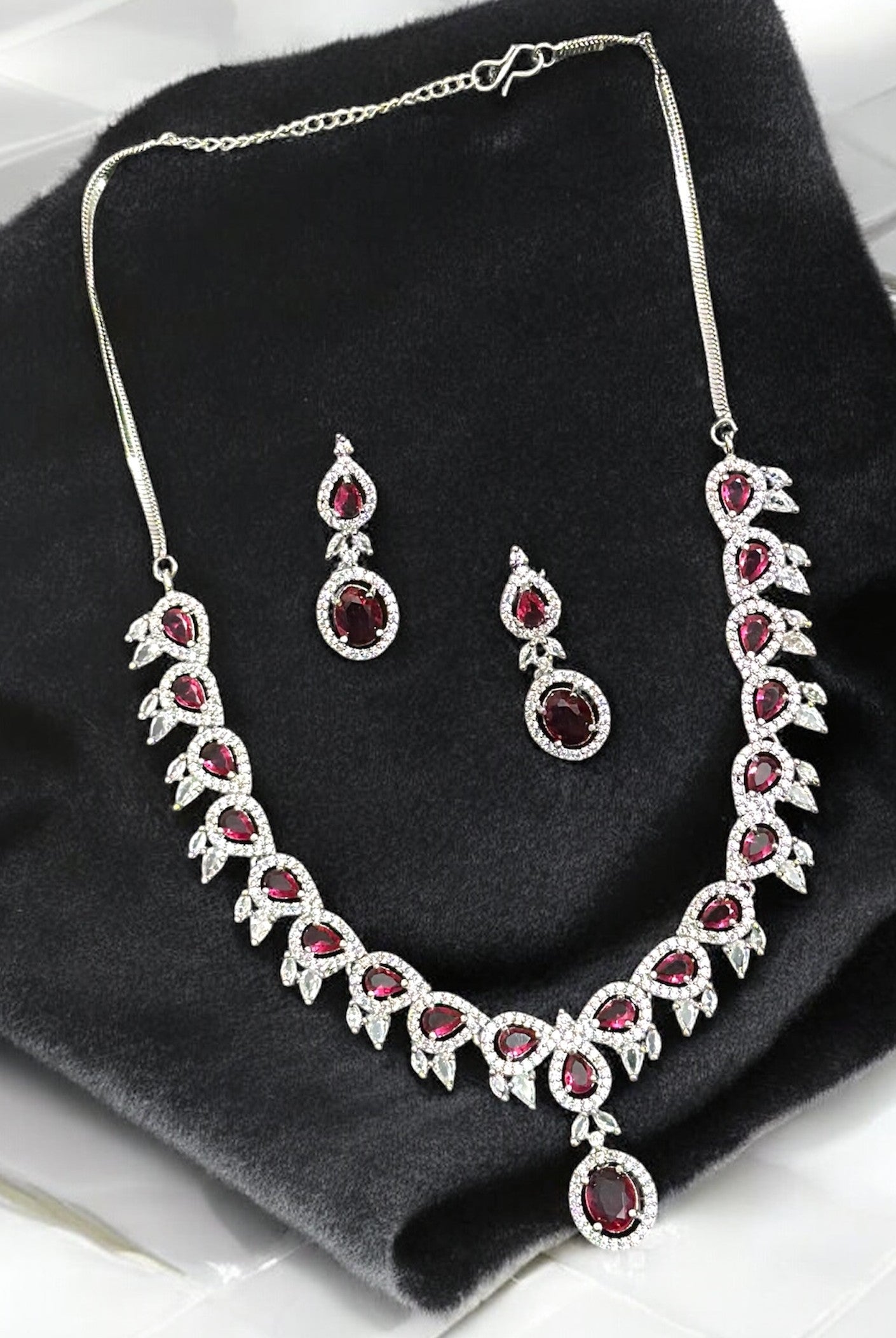 Premium CZ Stones Studded Colored AD Necklace Choker Set With Earrings