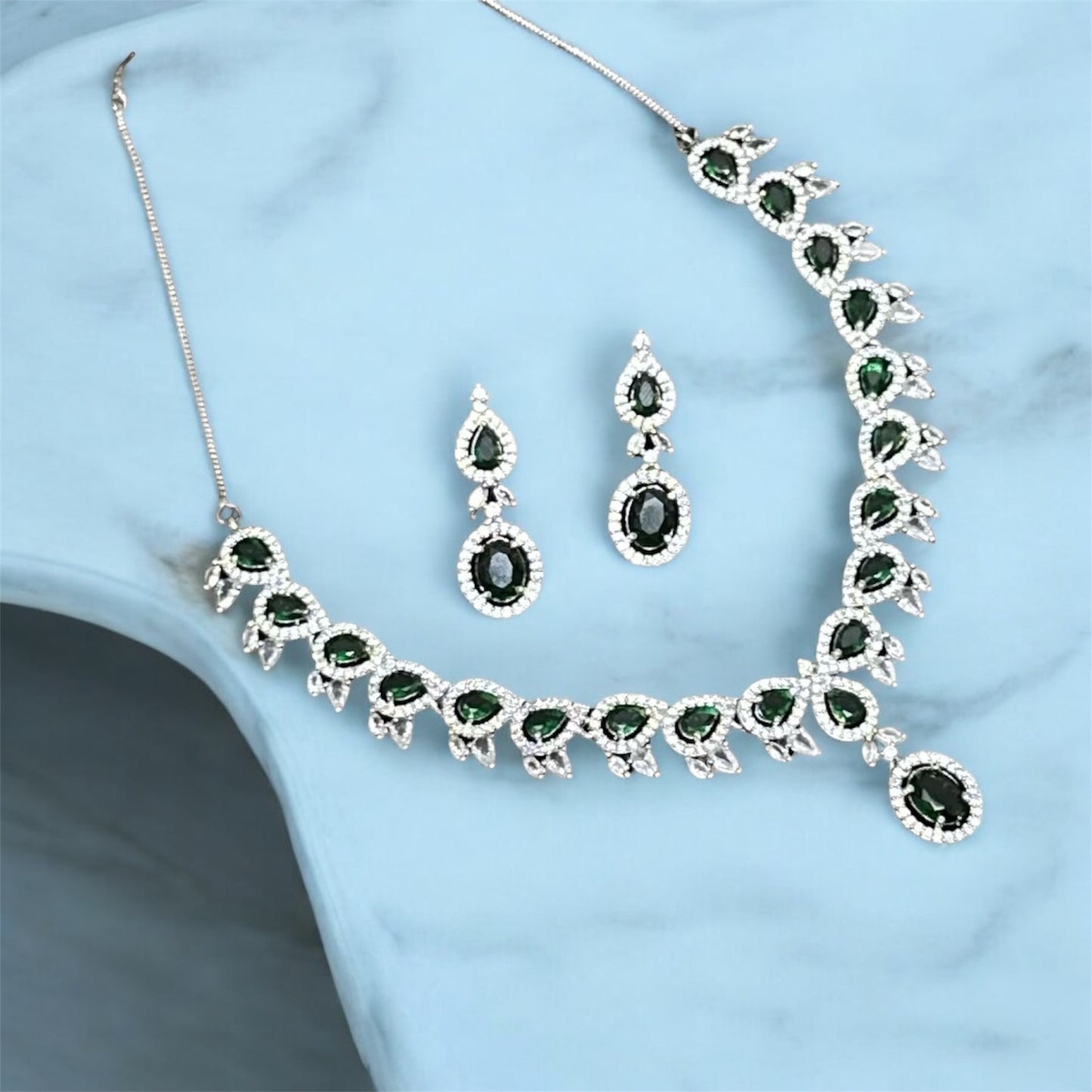 Premium CZ Stones Studded Colored AD Necklace Choker Set With Earrings