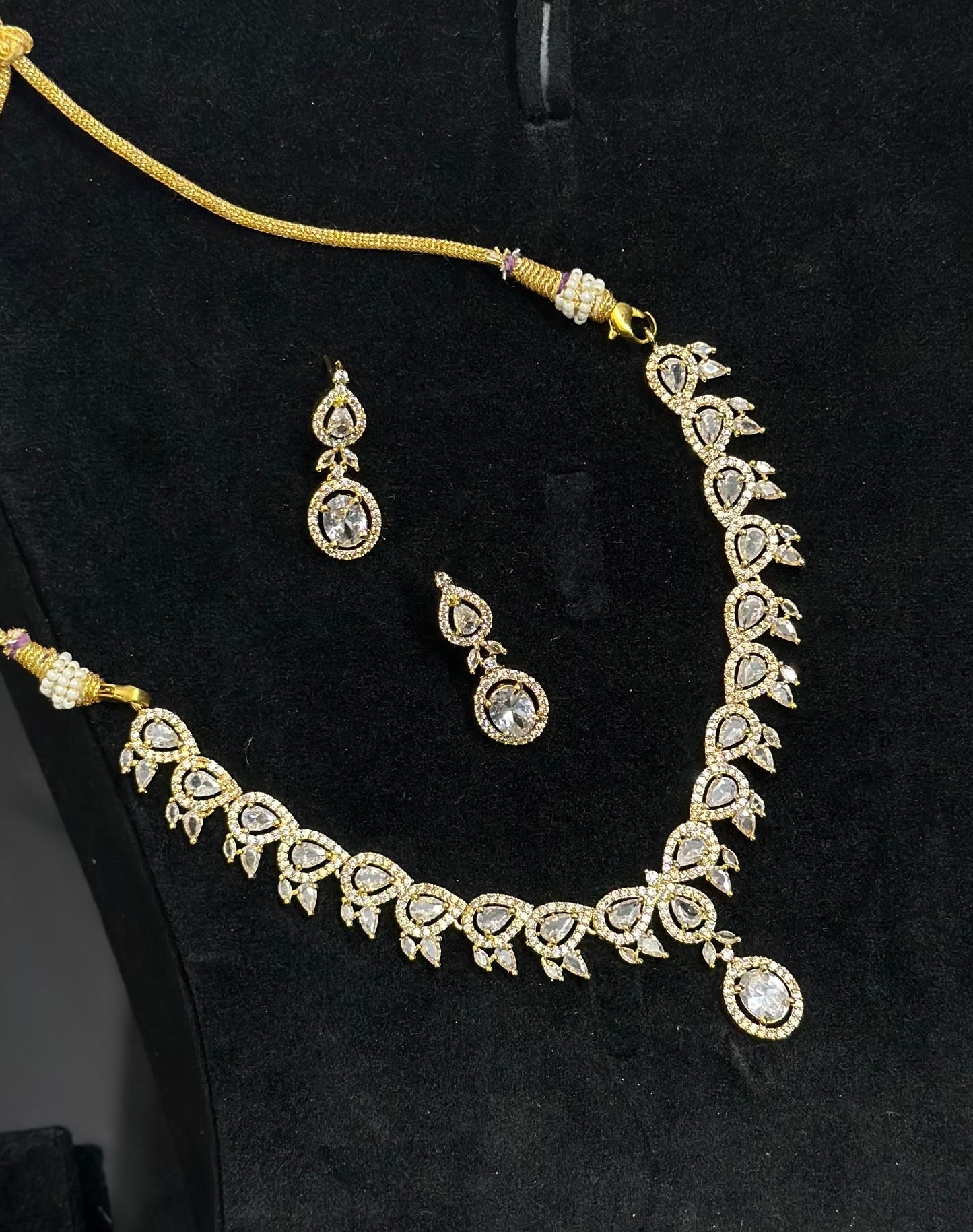 Premium CZ Stones Studded Colored AD Necklace Choker Set With Earrings