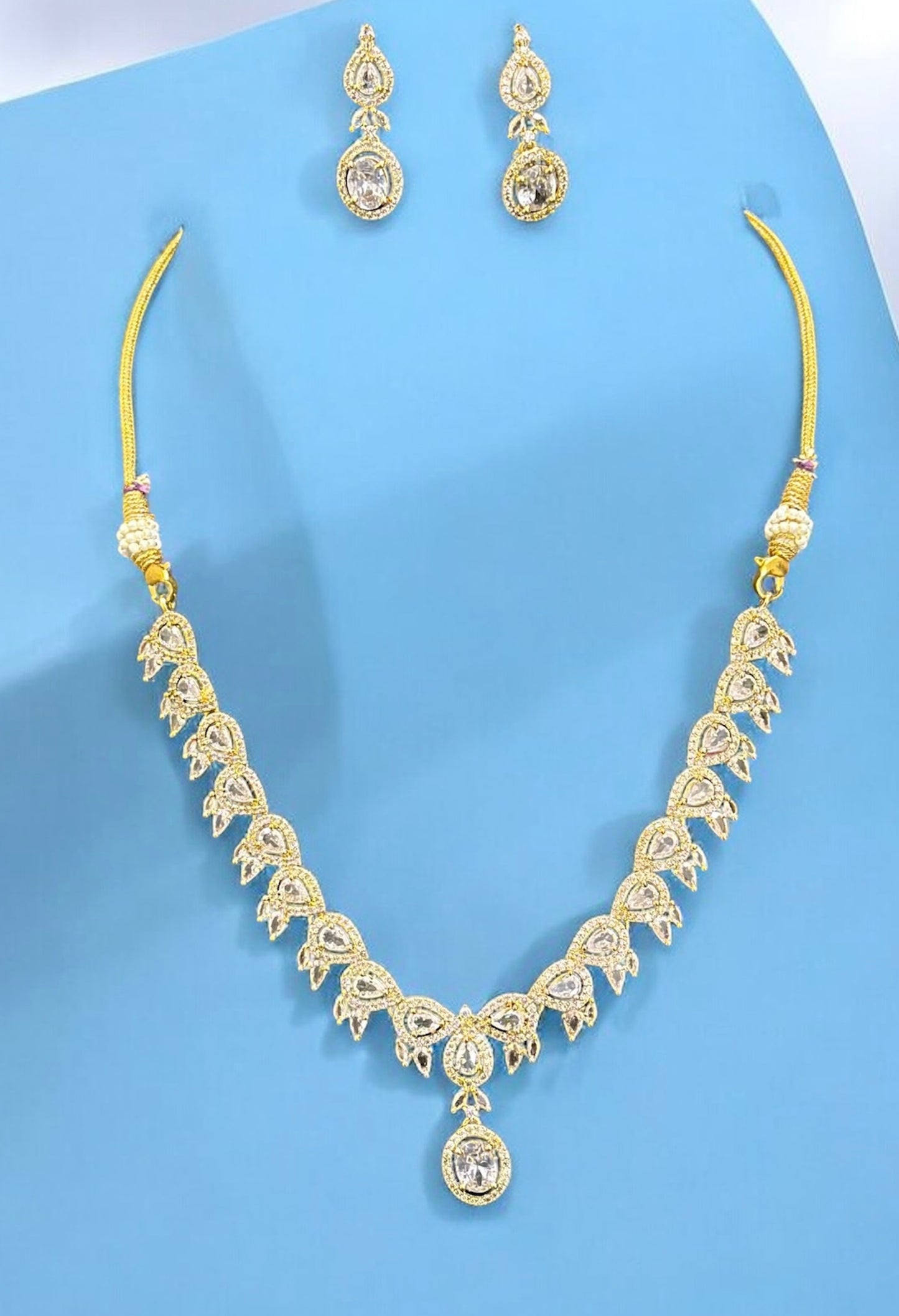 Premium CZ Stones Studded Colored AD Necklace Choker Set With Earrings