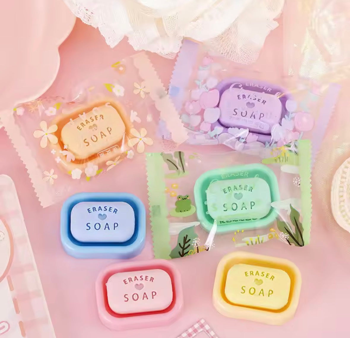Soap Shaped Erasers Pack of 6 | Cute Mini Soap Eraser with Tray | Kawaii Stationery for Kids | Return Gifts, School Supplies & Birthday Gift