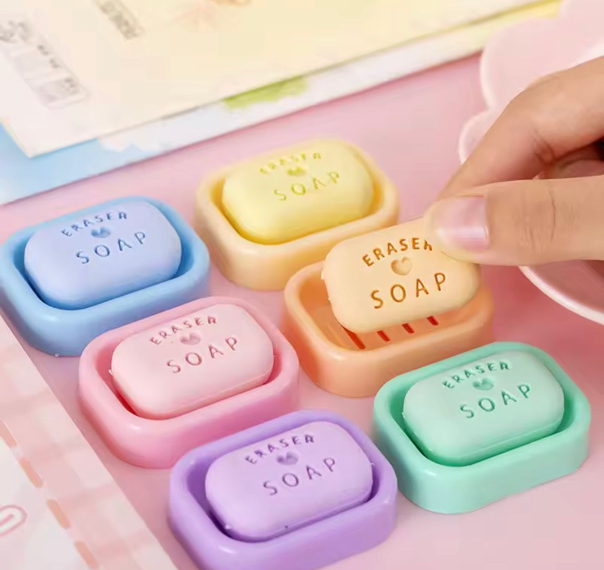 Soap Shaped Erasers Pack of 6 | Cute Mini Soap Eraser with Tray | Kawaii Stationery for Kids | Return Gifts, School Supplies & Birthday Gift