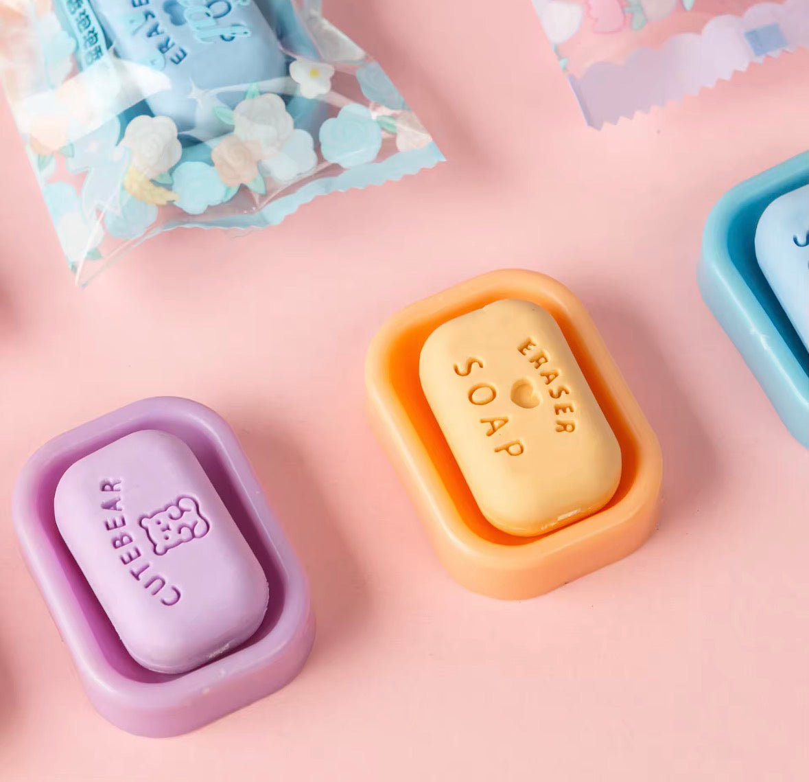 Soap Shaped Erasers Pack of 6 | Cute Mini Soap Eraser with Tray | Kawaii Stationery for Kids | Return Gifts, School Supplies & Birthday Gift