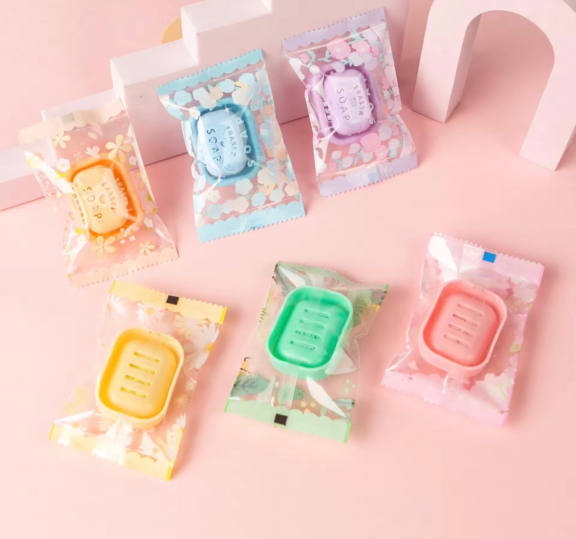 Soap Shaped Erasers Pack of 6 | Cute Mini Soap Eraser with Tray | Kawaii Stationery for Kids | Return Gifts, School Supplies & Birthday Gift