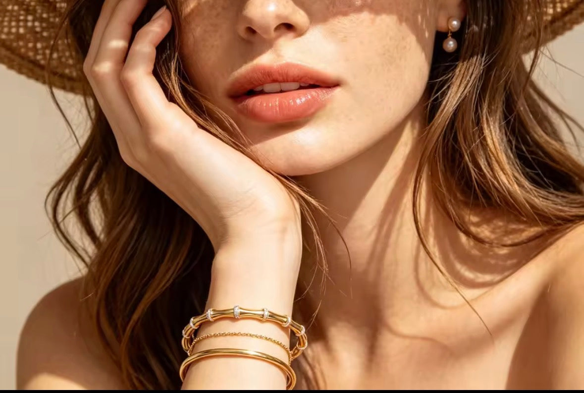 Elegance Bamboo-Motif Gold Plated Bangle – Crystal-Accented Designer-Style Cuff