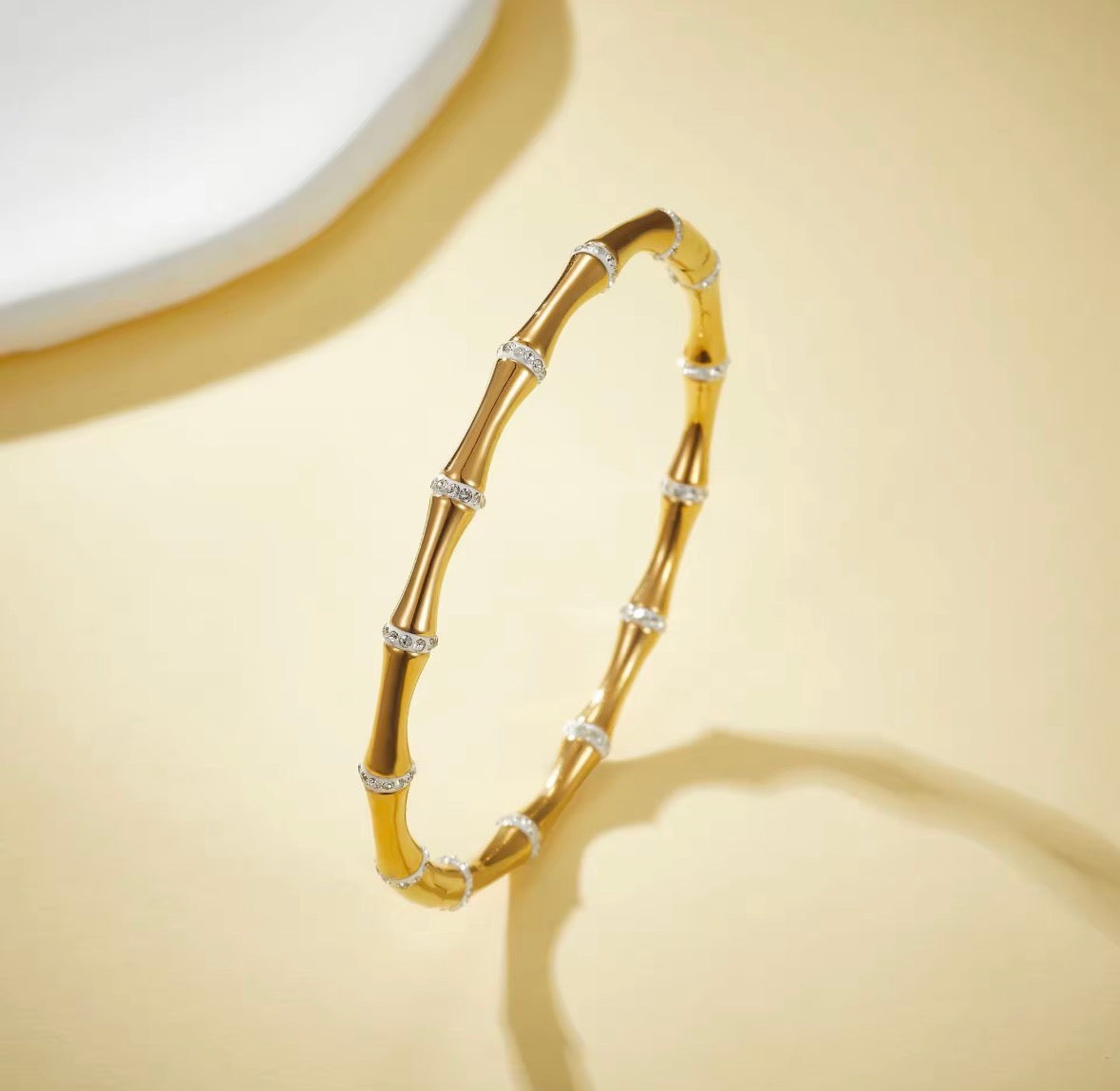 Elegance Bamboo-Motif Gold Plated Bangle – Crystal-Accented Designer-Style Cuff
