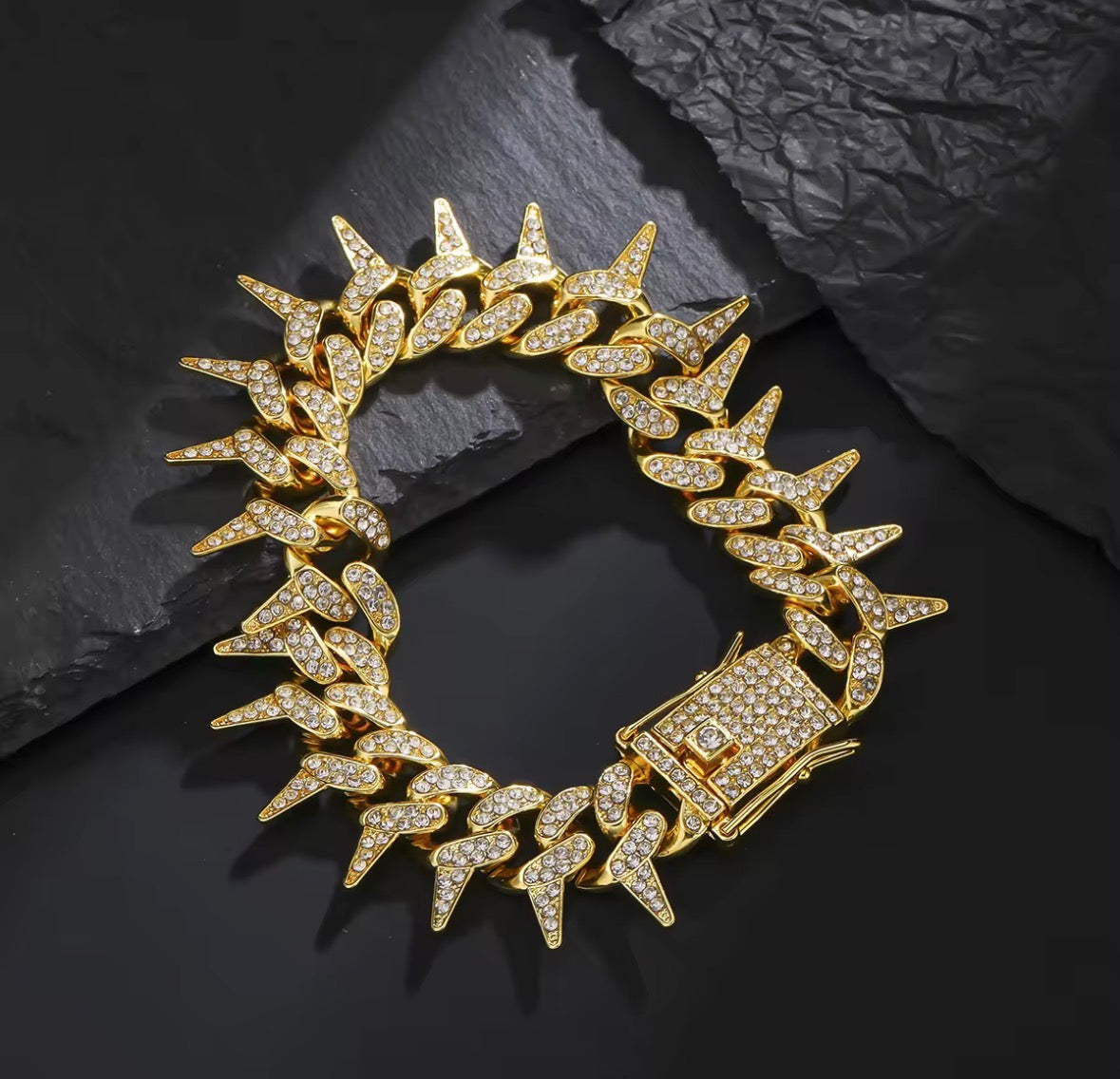 Iced Out Spiked Cuban Link Bracelet – Gold Plated Bling Statement Wristband
