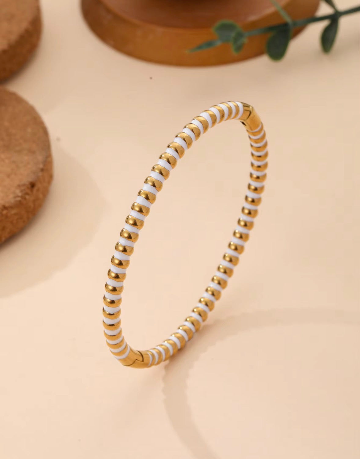 Two-Tone White and Golden Segmented Bangle – Stainless Steel Designer-Style Cuff