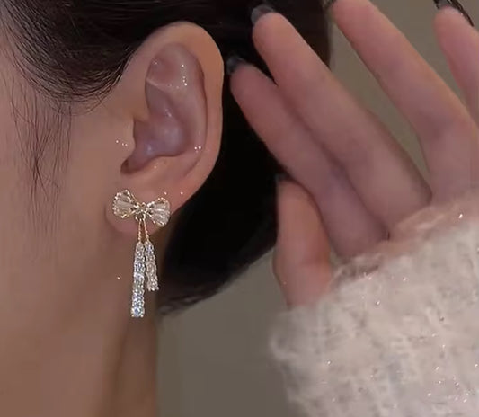 Stones Studded Bow Hangings Korean Push Plugs Drop Earrings