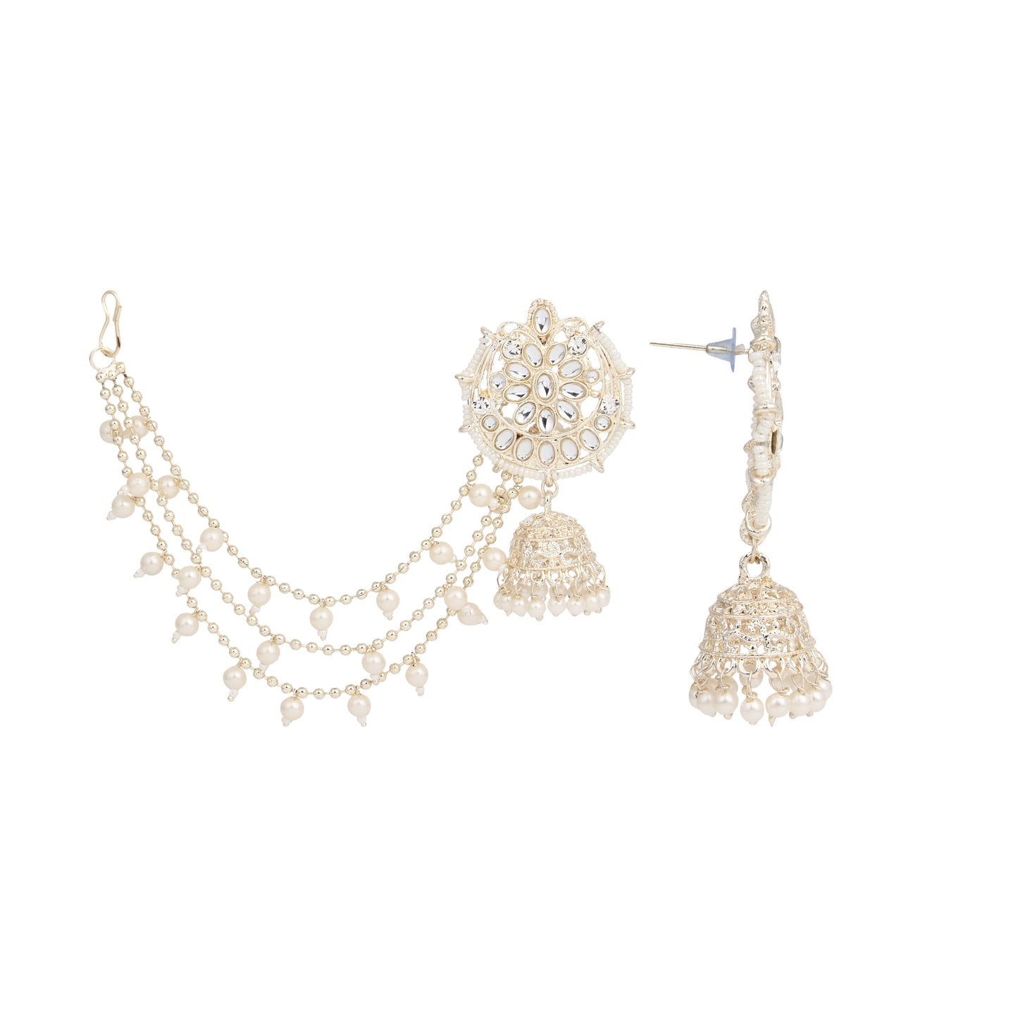 Elegant Kundan & Pearl Jhumka Bahubali Earrings Set - Traditional Bridal Jewelry for Festive Occasions