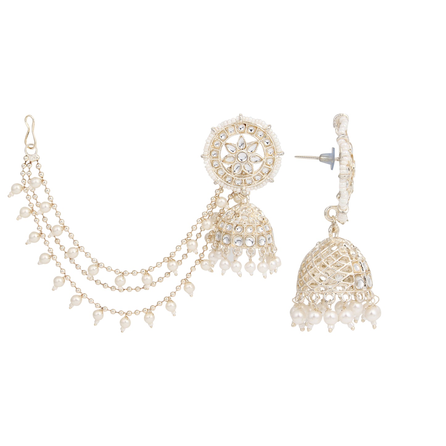 Elegant Kundan & Pearl Jhumka Bahubali Earrings Set with Maang Tikka - Traditional Bridal Jewelry for Festive Occasions