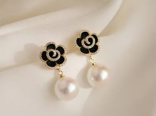 Stones Studded Flower Pearl Dangle Style Korean Push Plugs Drop Earrings