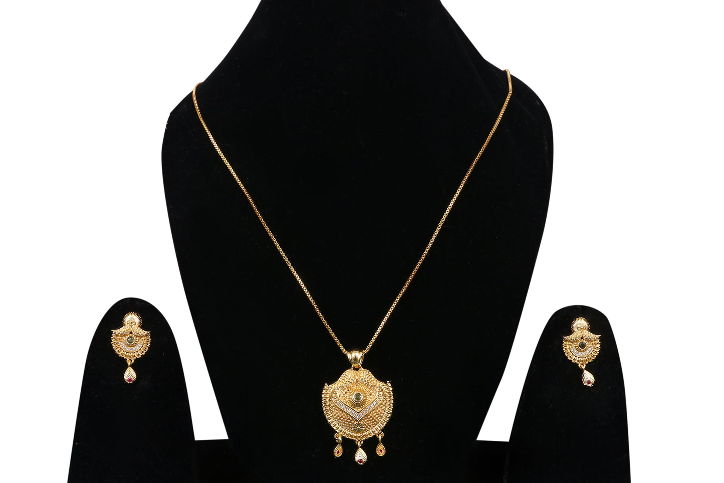 Minimal Style Sleek Golden Stones Studded Necklace Pendent Set With Earrings