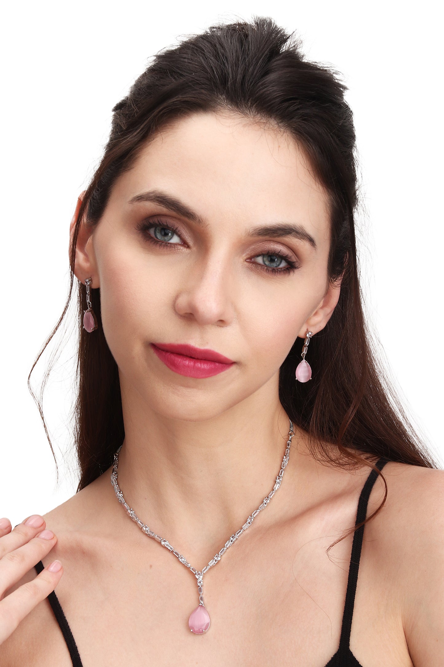 Premium Elegant Minimal CZ Stones Studded Necklace Choker Set With Drop Earrings