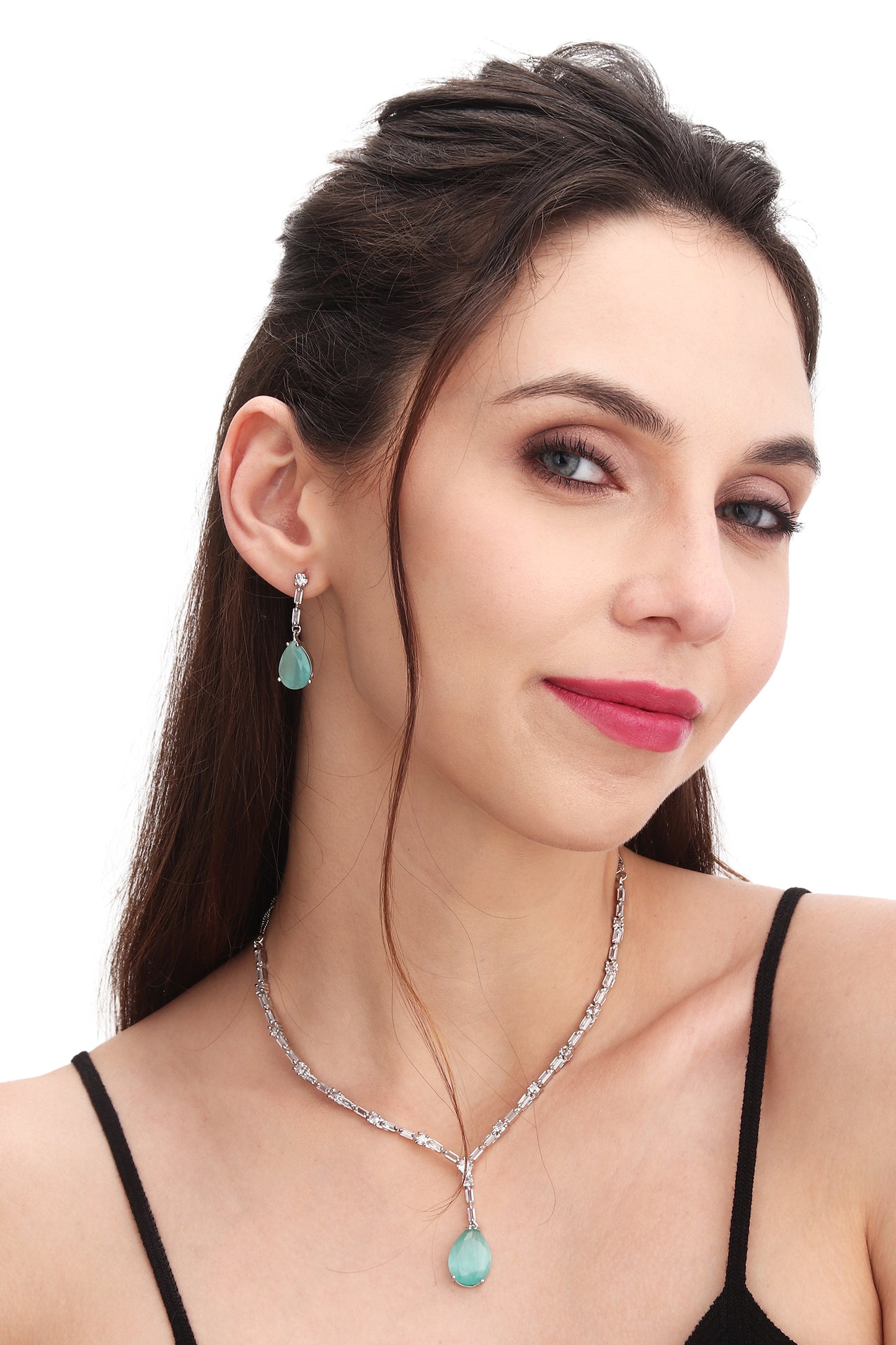 Premium Elegant Minimal CZ Stones Studded Necklace Choker Set With Drop Earrings