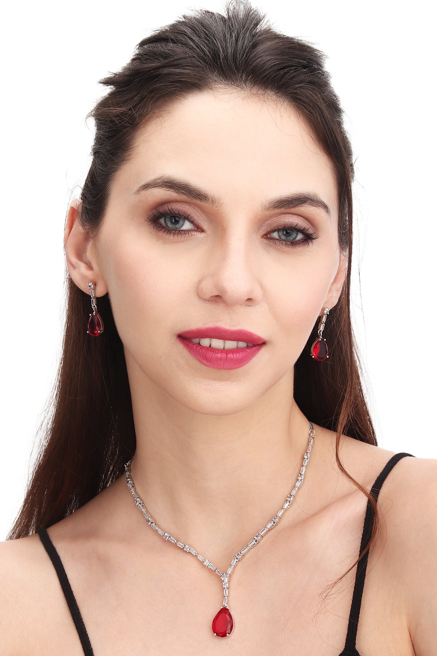 Premium Elegant Minimal CZ Stones Studded Necklace Choker Set With Drop Earrings