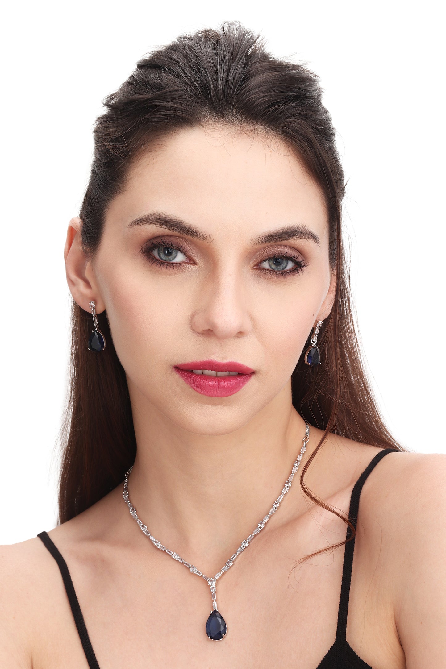 Premium Elegant Minimal CZ Stones Studded Necklace Choker Set With Drop Earrings