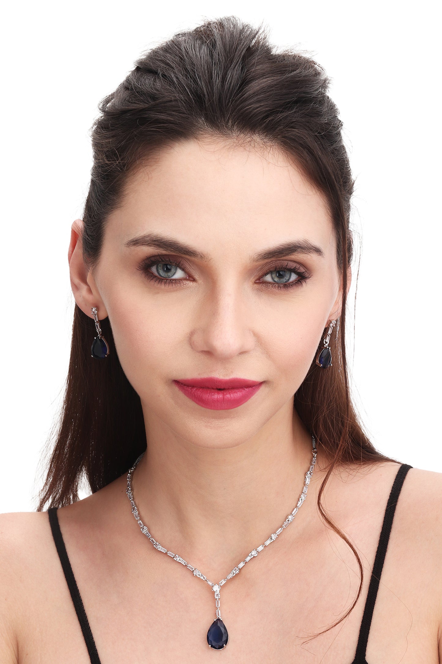 Premium Elegant Minimal CZ Stones Studded Necklace Choker Set With Drop Earrings