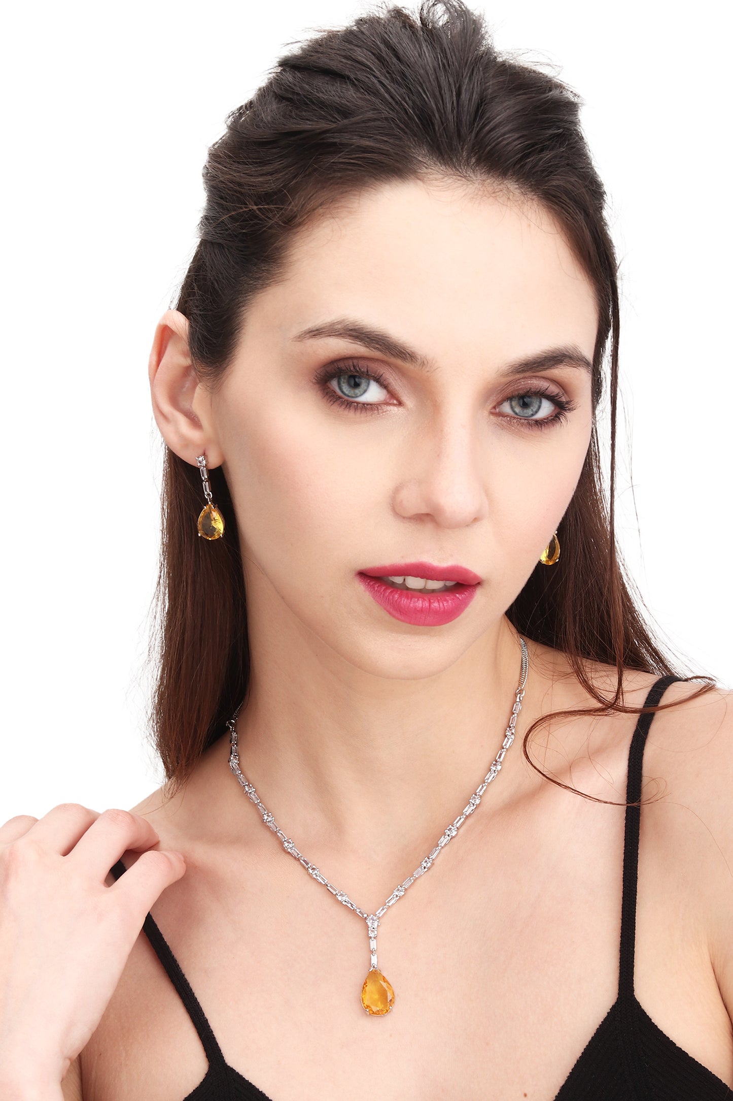 Premium Elegant Minimal CZ Stones Studded Necklace Choker Set With Drop Earrings