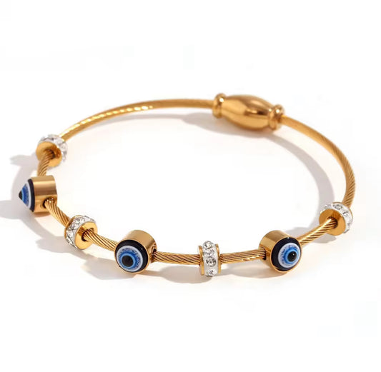 Golden Evil Eye Bracelet – Adjustable Cable Bangle with Crystal Accents