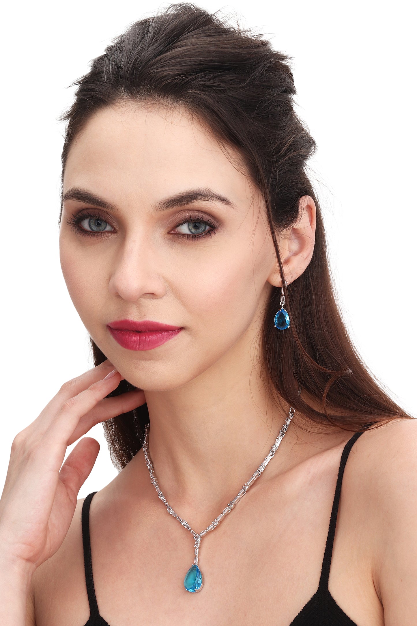 Premium Elegant Minimal CZ Stones Studded Necklace Choker Set With Drop Earrings