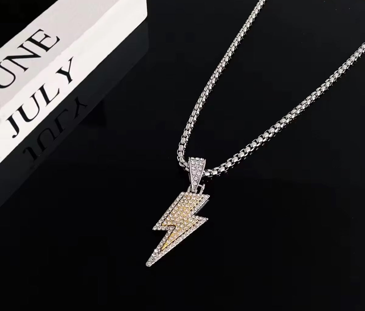 Iced Lightning Bolt Pendant Necklace – Silver & Green | Unisex Hip Hop Jewellery