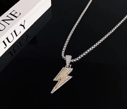Iced Lightning Bolt Pendant Necklace – Silver & Green | Unisex Hip Hop Jewellery