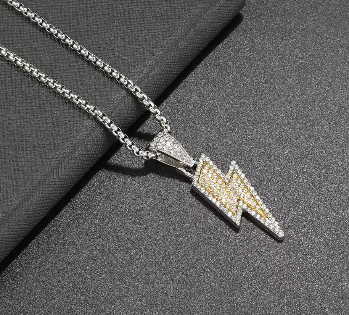 Iced Lightning Bolt Pendant Necklace – Silver & Green | Unisex Hip Hop Jewellery