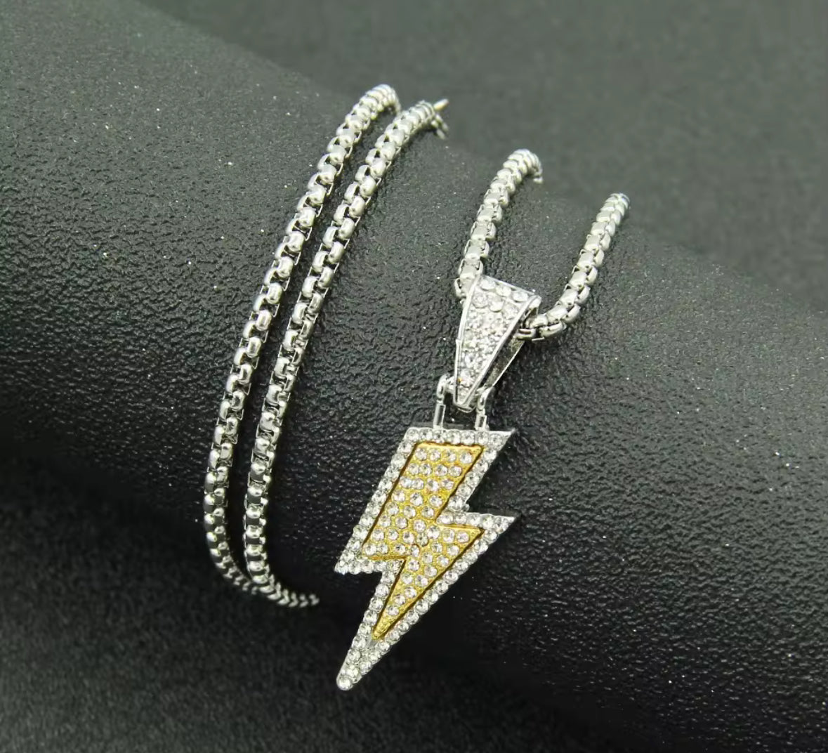 Iced Lightning Bolt Pendant Necklace – Silver & Green | Unisex Hip Hop Jewellery