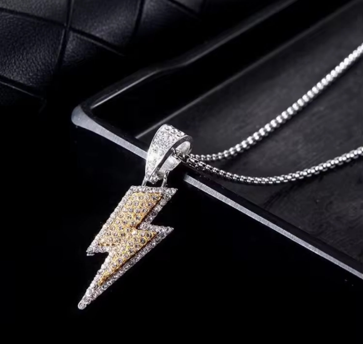 Iced Lightning Bolt Pendant Necklace – Silver & Green | Unisex Hip Hop Jewellery